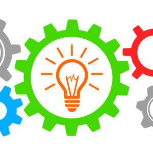 gears and a light bulb representing thinking.